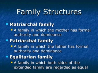 Family Structures


Matriarchal family




Patriarchal family




A family in which the mother has formal
authority and dominance
A family in which the father has formal
authority and dominance

Egalitarian family


A family in which both sides of the
extended family are regarded as equal

 