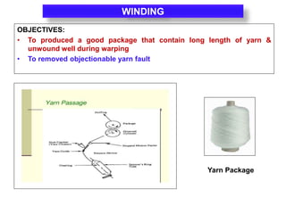 OBJECTIVES:
 To Improve the tensile strength &
abrasion resistance of yarn
Strengthen the yarn
Make outer surface of ya...