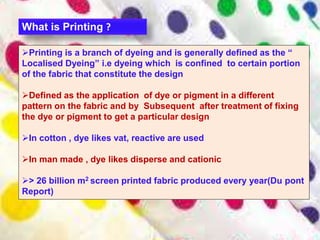 In this method bleached fabric are printed with a resist paste ( a resinous
substance that cannot be penetrated when the ...