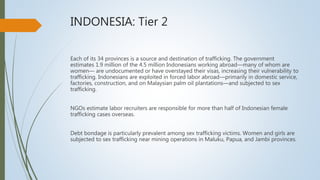 INDONESIA: Tier 2
Each of its 34 provinces is a source and destination of trafficking. The government
estimates 1.9 million of the 4.5 million Indonesians working abroad—many of whom are
women— are undocumented or have overstayed their visas, increasing their vulnerability to
trafficking. Indonesians are exploited in forced labor abroad—primarily in domestic service,
factories, construction, and on Malaysian palm oil plantations—and subjected to sex
trafficking.
NGOs estimate labor recruiters are responsible for more than half of Indonesian female
trafficking cases overseas.
Debt bondage is particularly prevalent among sex trafficking victims. Women and girls are
subjected to sex trafficking near mining operations in Maluku, Papua, and Jambi provinces.
 