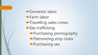Domestic labor
Farm labor
Travelling sales crews
Sex trafficking
Purchasing pornography
Patronizing strip clubs
Purchasing sex
 