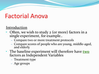 Factorial Anova
Introduction
• Often, we wish to study 2 (or more) factors in a
single experiment, for example..
– Compare two or more treatment protocols
– Compare scores of people who are young, middle-aged,
and elderly
• The baseline experiment will therefore have two
factors as Independent Variables
– Treatment type
– Age groups
 
