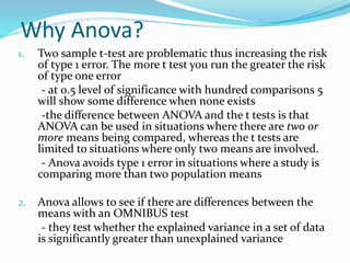 Why Anova?
1. Two sample t-test are problematic thus increasing the risk
of type 1 error. The more t test you run the greater the risk
of type one error
- at 0.5 level of significance with hundred comparisons 5
will show some difference when none exists
-the difference between ANOVA and the t tests is that
ANOVA can be used in situations where there are two or
more means being compared, whereas the t tests are
limited to situations where only two means are involved.
- Anova avoids type 1 error in situations where a study is
comparing more than two population means
2. Anova allows to see if there are differences between the
means with an OMNIBUS test
- they test whether the explained variance in a set of data
is significantly greater than unexplained variance
 