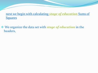next we begin with calculating stage of education Sums of
Squares
 We organize the data set with stage of education in the
headers,
 