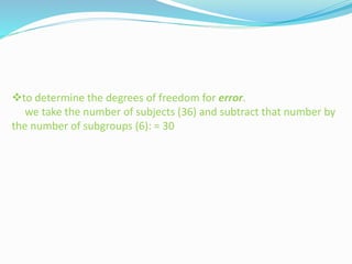 to determine the degrees of freedom for error.
we take the number of subjects (36) and subtract that number by
the number of subgroups (6): = 30
 