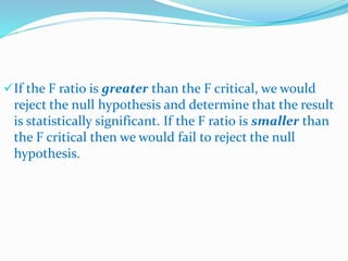 If the F ratio is greater than the F critical, we would
reject the null hypothesis and determine that the result
is statistically significant. If the F ratio is smaller than
the F critical then we would fail to reject the null
hypothesis.
 