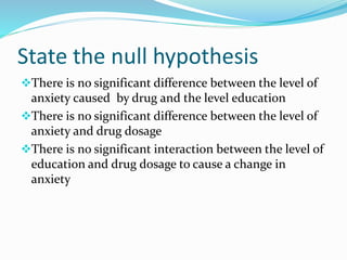 State the null hypothesis
There is no significant difference between the level of
anxiety caused by drug and the level education
There is no significant difference between the level of
anxiety and drug dosage
There is no significant interaction between the level of
education and drug dosage to cause a change in
anxiety
 