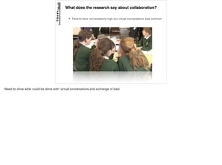 What does the research say about collaboration?
• Face-to-face conversations high but virtual conversations less common
Need to show what could be done with ‘virtual conversations and exchange of data’
 