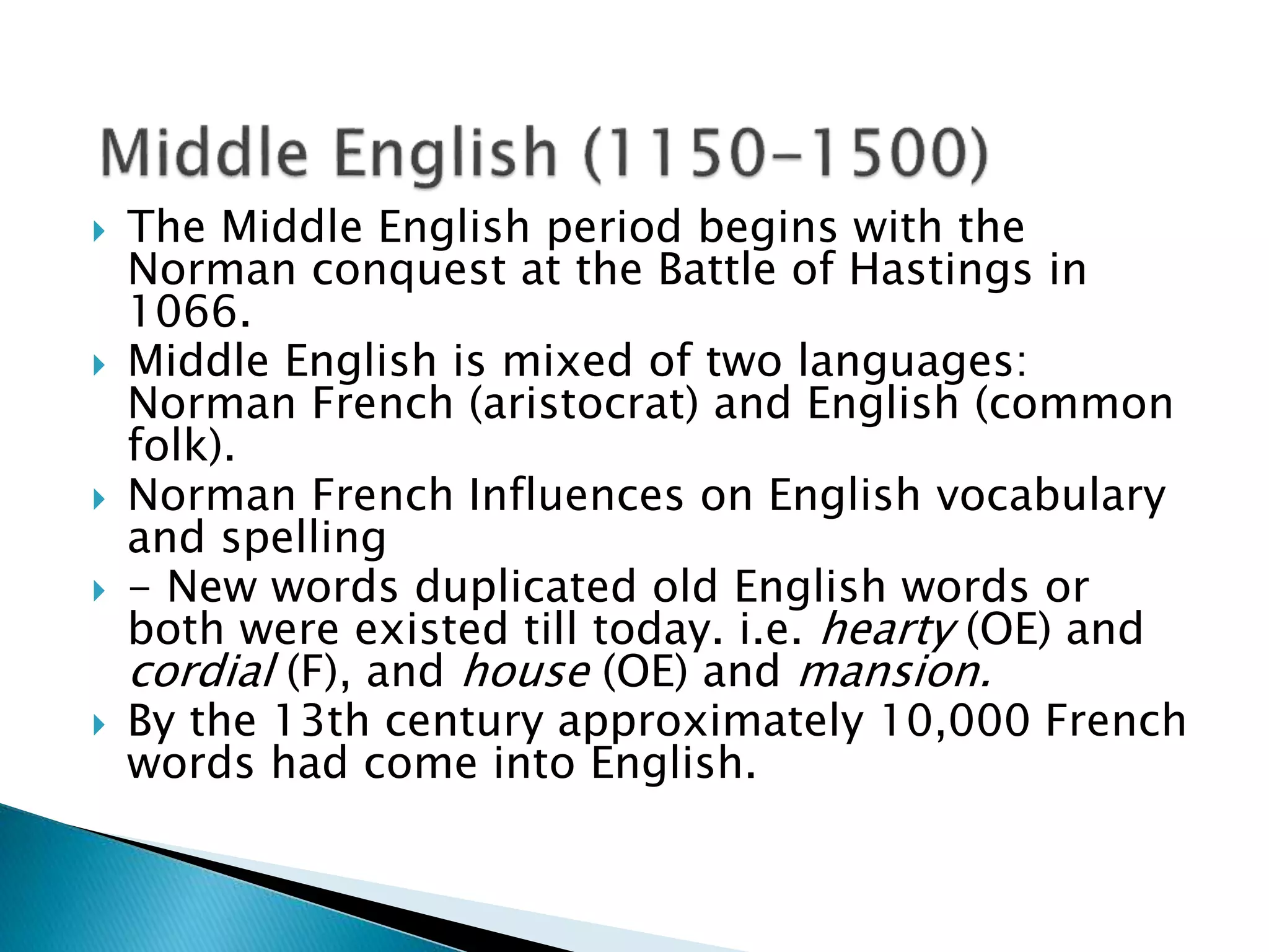  The Middle English period begins with the
Norman conquest at the Battle of Hastings in
1066.
 Middle English is mixed of two languages:
Norman French (aristocrat) and English (common
folk).
 Norman French Influences on English vocabulary
and spelling
 - New words duplicated old English words or
both were existed till today. i.e. hearty (OE) and
cordial (F), and house (OE) and mansion.
 By the 13th century approximately 10,000 French
words had come into English.
 