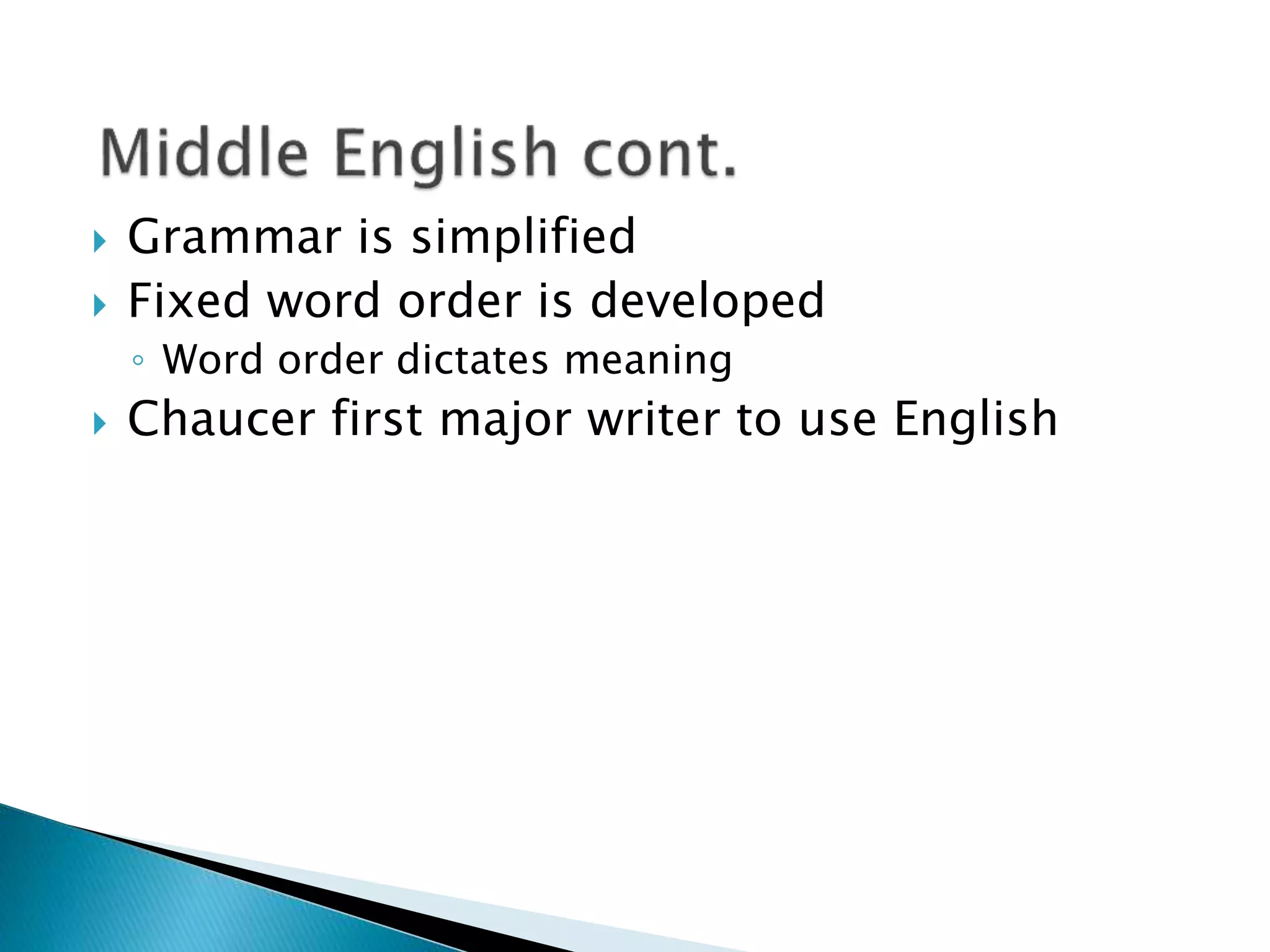  Grammar is simplified
 Fixed word order is developed
◦ Word order dictates meaning
 Chaucer first major writer to use English
 