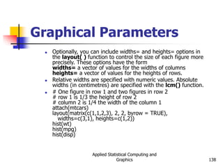 Applied Statistical Computing and
Graphics 138
Graphical Parameters
 Optionally, you can include widths= and heights= options in
the layout( ) function to control the size of each figure more
precisely. These options have the form
widths= a vector of values for the widths of columns
heights= a vector of values for the heights of rows.
 Relative widths are specified with numeric values. Absolute
widths (in centimetres) are specified with the lcm() function.
 # One figure in row 1 and two figures in row 2
# row 1 is 1/3 the height of row 2
# column 2 is 1/4 the width of the column 1
attach(mtcars)
layout(matrix(c(1,1,2,3), 2, 2, byrow = TRUE),
widths=c(3,1), heights=c(1,2))
hist(wt)
hist(mpg)
hist(disp)
 