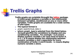 Applied Statistical Computing and
Graphics 141
Trellis Graphs
Trellis graphs are avialable throught the lattice package.
A trellis graph displays a variable or the relationship
between variables, conditioned on one or more other
variables. Trellis graphs are available for a wide variety
of plot types.
 The typical format is
 graph_type(formula, data=)
 where graph_type is selected from the listed below.
formula specifies the variable(s) to display and any
conditioning variables . For example ~x|A means
display numeric variable x for each level of factor A.
y~x | A*B means display the relationship between
numeric variables y and x separately for every
combination of factor A and B levels. ~x means display
numeric variable x alone.
 