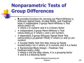 Applied Statistical Computing and
Graphics 152
Nonparametric Tests of
Group Differences
 R provides functions for carrying out Mann-Whitney U,
Wilcoxon Signed Rank, Kruskal Wallis, and Friedman
tests.# independent 2-group Mann-Whitney U Test
wilcox.test(y~A)
# where y is numeric and A is A binary factor
 # independent 2-group Mann-Whitney U Test
wilcox.test(y,x) # where y and x are numeric
 # dependent 2-group Wilcoxon Signed Rank Test
wilcox.test(y1,y2,paired=TRUE) # where y1 and y2 are
numeric
 # Kruskal Wallis Test One Way Anova by Ranks
kruskal.test(y~A) # where y1 is numeric and A is a factor
 # Randomized Block Design - Friedman Test
friedman.test(y~A|B)
# where y are the data values, A is a grouping factor
# and B is a blocking factor
 