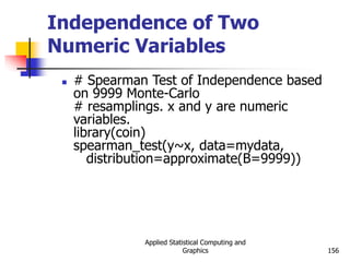 Applied Statistical Computing and
Graphics 156
Independence of Two
Numeric Variables
 # Spearman Test of Independence based
on 9999 Monte-Carlo
# resamplings. x and y are numeric
variables.
library(coin)
spearman_test(y~x, data=mydata,
distribution=approximate(B=9999))
 