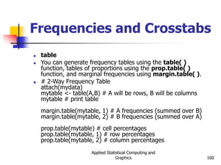 Applied Statistical Computing and
Graphics 160
Frequencies and Crosstabs
 table
 You can generate frequency tables using the table( )
function, tables of proportions using the prop.table( )
function, and marginal frequencies using margin.table( ).
 # 2-Way Frequency Table
attach(mydata)
mytable <- table(A,B) # A will be rows, B will be columns
mytable # print table
margin.table(mytable, 1) # A frequencies (summed over B)
margin.table(mytable, 2) # B frequencies (summed over A)
prop.table(mytable) # cell percentages
prop.table(mytable, 1) # row percentages
prop.table(mytable, 2) # column percentages
 