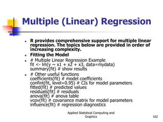 Applied Statistical Computing and
Graphics 162
Multiple (Linear) Regression
 R provides comprehensive support for multiple linear
regression. The topics below are provided in order of
increasing complexity.
 Fitting the Model
 # Multiple Linear Regression Example
fit <- lm(y ~ x1 + x2 + x3, data=mydata)
summary(fit) # show results
 # Other useful functions
coefficients(fit) # model coefficients
confint(fit, level=0.95) # CIs for model parameters
fitted(fit) # predicted values
residuals(fit) # residuals
anova(fit) # anova table
vcov(fit) # covariance matrix for model parameters
influence(fit) # regression diagnostics
 