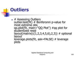 Applied Statistical Computing and
Graphics 165
Outliers
 # Assessing Outliers
outlier.test(fit) # Bonferonni p-value for
most extreme obs
qq.plot(fit, main="QQ Plot") #qq plot for
studentized resid
layout(matrix(c(1,2,3,4,5,6),2,3)) # optional
layout
leverage.plots(fit, ask=FALSE) # leverage
plots
 