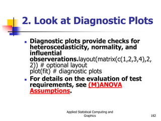 Applied Statistical Computing and
Graphics 182
2. Look at Diagnostic Plots
 Diagnostic plots provide checks for
heteroscedasticity, normality, and
influential
observerations.layout(matrix(c(1,2,3,4),2,
2)) # optional layout
plot(fit) # diagnostic plots
 For details on the evaluation of test
requirements, see (M)ANOVA
Assumptions.
 