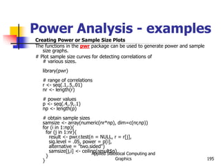 Applied Statistical Computing and
Graphics 195
Power Analysis - examples
Creating Power or Sample Size Plots
The functions in the pwr package can be used to generate power and sample
size graphs.
# Plot sample size curves for detecting correlations of
# various sizes.
library(pwr)
# range of correlations
r <- seq(.1,.5,.01)
nr <- length(r)
# power values
p <- seq(.4,.9,.1)
np <- length(p)
# obtain sample sizes
samsize <- array(numeric(nr*np), dim=c(nr,np))
for (i in 1:np){
for (j in 1:nr){
result <- pwr.r.test(n = NULL, r = r[j],
sig.level = .05, power = p[i],
alternative = "two.sided")
samsize[j,i] <- ceiling(result$n)
}
}
 