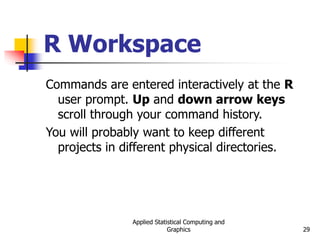 Applied Statistical Computing and
Graphics 29
R Workspace
Commands are entered interactively at the R
user prompt. Up and down arrow keys
scroll through your command history.
You will probably want to keep different
projects in different physical directories.
 