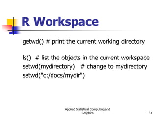 Applied Statistical Computing and
Graphics 31
R Workspace
getwd() # print the current working directory
ls() # list the objects in the current workspace
setwd(mydirectory) # change to mydirectory
setwd("c:/docs/mydir")
 