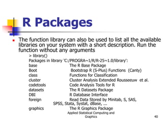 Applied Statistical Computing and
Graphics 40
R Packages
 The function library can also be used to list all the available
libraries on your system with a short description. Run the
function without any arguments
> library()
Packages in library 'C:/PROGRA~1/R/R-25~1.0/library':
base The R Base Package
Boot Bootstrap R (S-Plus) Functions (Canty)
class Functions for Classification
cluster Cluster Analysis Extended Rousseeuw et al.
codetools Code Analysis Tools for R
datasets The R Datasets Package
DBI R Database Interface
foreign Read Data Stored by Minitab, S, SAS,
SPSS, Stata, Systat, dBase, ...
graphics The R Graphics Package
 