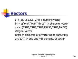 Applied Statistical Computing and
Graphics 55
Vectors
a <- c(1,2,5.3,6,-2,4) # numeric vector
b <- c("one","two","three") # character vector
c <- c(TRUE,TRUE,TRUE,FALSE,TRUE,FALSE)
#logical vector
Refer to elements of a vector using subscripts.
a[c(2,4)] # 2nd and 4th elements of vector
 