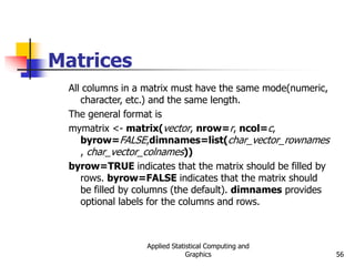 Applied Statistical Computing and
Graphics 56
Matrices
All columns in a matrix must have the same mode(numeric,
character, etc.) and the same length.
The general format is
mymatrix <- matrix(vector, nrow=r, ncol=c,
byrow=FALSE,dimnames=list(char_vector_rownames
, char_vector_colnames))
byrow=TRUE indicates that the matrix should be filled by
rows. byrow=FALSE indicates that the matrix should
be filled by columns (the default). dimnames provides
optional labels for the columns and rows.
 