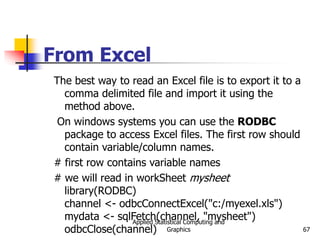 Applied Statistical Computing and
Graphics 67
From Excel
The best way to read an Excel file is to export it to a
comma delimited file and import it using the
method above.
On windows systems you can use the RODBC
package to access Excel files. The first row should
contain variable/column names.
# first row contains variable names
# we will read in workSheet mysheet
library(RODBC)
channel <- odbcConnectExcel("c:/myexel.xls")
mydata <- sqlFetch(channel, "mysheet")
odbcClose(channel)
 