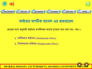 MD IKBAL HOSSAIN, LECTURER(ICT), ADAMJEE CANTONMENT COLLEGE
dvBevi AcwUK K¨vej Gi cÖKvi‡f`
†Kv‡ii e¨vm Abyhvqx dvBevi AcwUK‡K Avevi `yÕfv‡M fvM Kiv hvq| h_v t
1. gvwë‡gvW dvBevi (Multimode Fiber)
2. wm‡½j‡gvW dvBevi (Singlemode Fiber)
 