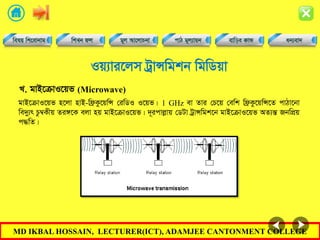 MD IKBAL HOSSAIN, LECTURER(ICT), ADAMJEE CANTONMENT COLLEGE
Iq¨vi‡jm UªvÝwgkb wgwWqv
gvB‡µvI‡qf n‡jv nvB-wd«Kz‡qwÝ †iwWI I‡qf| 1 GHz ev Zvi †P‡q †ewk wd«Kz‡qwÝ‡Z cvVv‡bv
we`y¨r Pz¤^Kxq Zi½‡K ejv nq gvB‡µvI‡qf| `~icvjøvq †WUv UªvÝwgk‡b gvB‡µvI‡qf AZ¨šÍ RbwcÖq
c×wZ|
L. gvB‡µvI‡qf (Microwave)
 