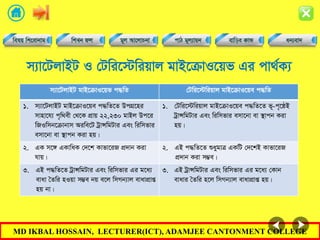 MD IKBAL HOSSAIN, LECTURER(ICT), ADAMJEE CANTONMENT COLLEGE
m¨v‡UjvBU I †Uwi‡÷wiqvj gvB‡µvI‡qf Gi cv_©K¨
m¨v‡UjvBU gvB‡µvI‡qf c×wZ †Uwi‡÷wiqvj gvB‡µvI‡qe c×wZ
1. m¨v‡UjvBU gvB‡µvI‡qe c×wZ‡Z DcMÖ‡ni
mvnv‡h¨ c„w_ex †_‡K cÖvq 22,230 gvBj Dc‡i
wRIwmb‡µvbvm Aiwe‡U UªvÝwgUvi Ges wiwmfvi
emv‡bv ev ¯’vcb Kiv nq|
1. †Uwi‡÷wiqvj gvB‡µvI‡qe c×wZ‡Z f~-c„‡ôB
UªvÝwgUvi Ges wiwmfvi emv‡bv ev ¯’vcb Kiv
nq|
2. GK m‡½ GKvwaK †`‡k Kvfv‡iR cÖ`vb Kiv
hvq|
2. GB c×wZ‡Z ïaygvÎ GKwU †`‡kB Kvfv‡iR
cÖ`vb Kiv m¤¢e|
3. GB c×wZ‡Z UªvÝwgUvi Ges wiwmfvi Gi g‡a¨
evav •Zwi nIqv m¤¢e bq e‡j wmMb¨vj evavcÖvß
nq bv|
3. GB UªvÝwgUvi Ges wiwmfvi Gi g‡a¨ †Kvb
evavi •Zwi n‡j wmMb¨vj evavcÖvß nq|
 