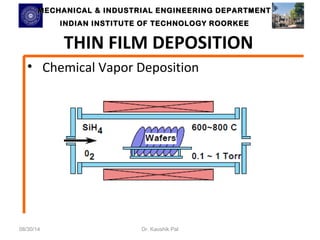 MECHANICAL & INDUSTRIAL ENGINEERING DDEEPPAARRTTMMEENNTT 
IINNDDIIAANN IINNSSTTIITTUUTTEE OOFF TTEECCHHNNOOLLOOGGYY RROOOORRKKEEEE 
THIN FILM DEPOSITION 
• Chemical Vapor Deposition 
08/30/14 Dr. Kaushik Pal 
 