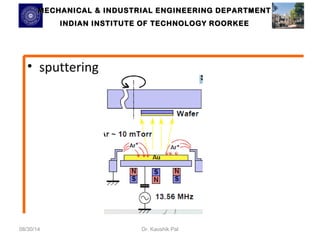 MECHANICAL & INDUSTRIAL ENGINEERING DDEEPPAARRTTMMEENNTT 
IINNDDIIAANN IINNSSTTIITTUUTTEE OOFF TTEECCHHNNOOLLOOGGYY RROOOORRKKEEEE 
• sputtering 
08/30/14 Dr. Kaushik Pal 
 