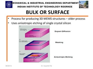 MECHANICAL & INDUSTRIAL ENGINEERING DDEEPPAARRTTMMEENNTT 
IINNDDIIAANN IINNSSTTIITTUUTTEE OOFF TTEECCHHNNOOLLOOGGYY RROOOORRKKEEEE 
BULK OR SURFACE 
• Process for producing 3D MEMS structures – older process 
• Uses anisotropic etching of single crystal silicon 
08/30/14 Dr. Kaushik Pal 
 