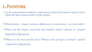 1. Perceiving
• As the representation method is understood, initial observations begin to form
about the main characteristics of the display:
What features – shapes, patterns, differences or connections – are observable?
Where are the largest, mid-sized and smallest values? (known as ‘stepped
magnitude judgements).
Where are the most and the least? Where is the average or normal? (‘global
comparison’judgements).
 