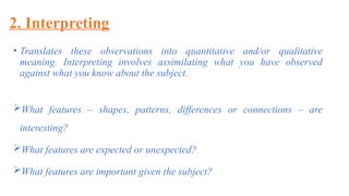 2. Interpreting
• Translates these observations into quantitative and/or qualitative
meaning. Interpreting involves assimilating what you have observed
against what you know about the subject.
What features – shapes, patterns, differences or connections – are
interesting?
What features are expected or unexpected?
What features are important given the subject?
 
