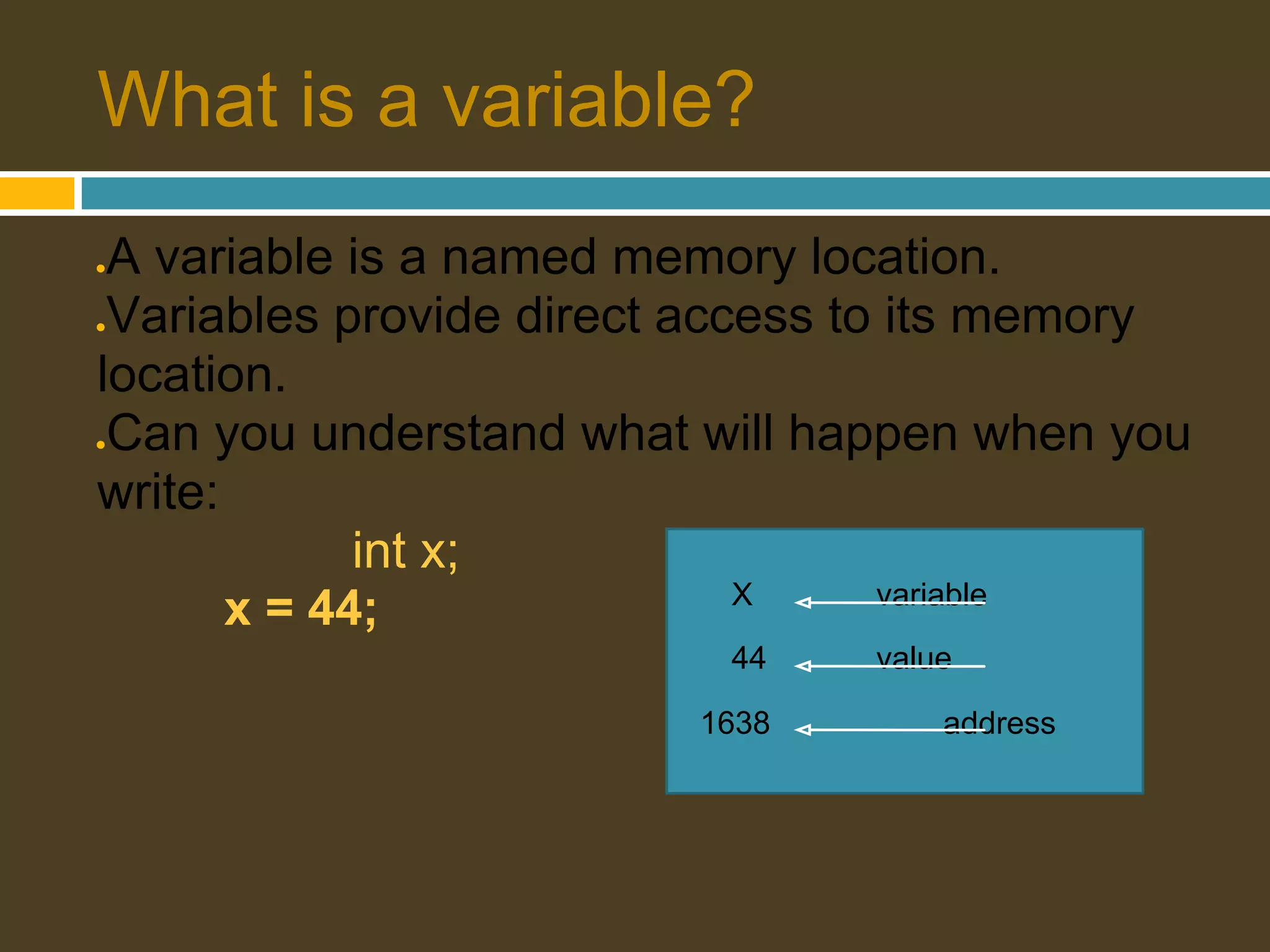 What is a variable? ●A variable is a named memory location. ●Variables provide direct access to its memory location. ●Can you understand what will happen when you write: int x; X variable x = 44; 44 value 1638 address 