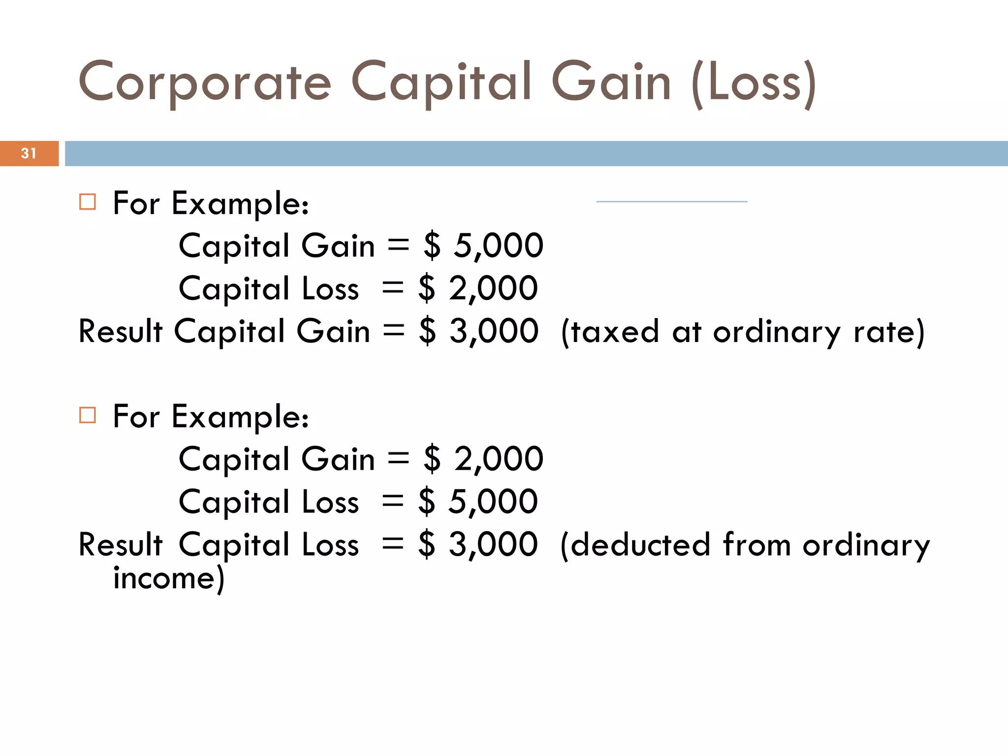 Corporate Capital Gain (Loss) For Example: Capital Gain = $ 5,000 Capital Loss  = $ 2,000  Result Capital Gain = $ 3,000  (taxed at ordinary rate) For Example: Capital Gain = $ 2,000 Capital Loss  = $ 5,000  Result  Capital Loss  = $ 3,000  (deducted from ordinary income) 