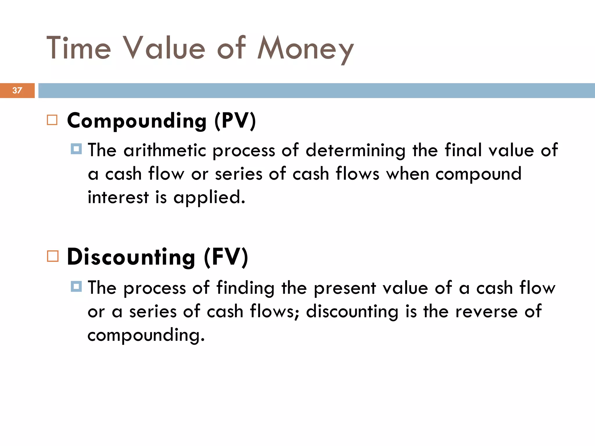 Time Value of Money Compounding (PV) The arithmetic process of determining the final value of a cash flow or series of cash flows when compound interest is applied. Discounting (FV) The process of finding the present value of a cash flow or a series of cash flows; discounting is the reverse of compounding. 