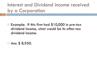 Interest and Dividend income received by a Corporation Example:  If this firm had $10,000 in pre-tax dividend income, what would be its after-tax dividend income. Ans: $ 8,950. 