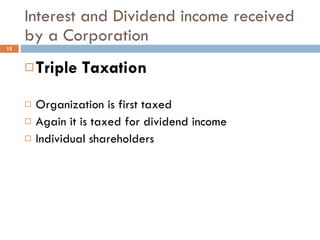 Interest and Dividend income received by a Corporation Triple Taxation Organization is first taxed Again it is taxed for dividend income Individual shareholders 