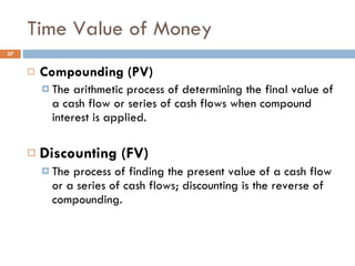 Time Value of Money Compounding (PV) The arithmetic process of determining the final value of a cash flow or series of cash flows when compound interest is applied. Discounting (FV) The process of finding the present value of a cash flow or a series of cash flows; discounting is the reverse of compounding. 