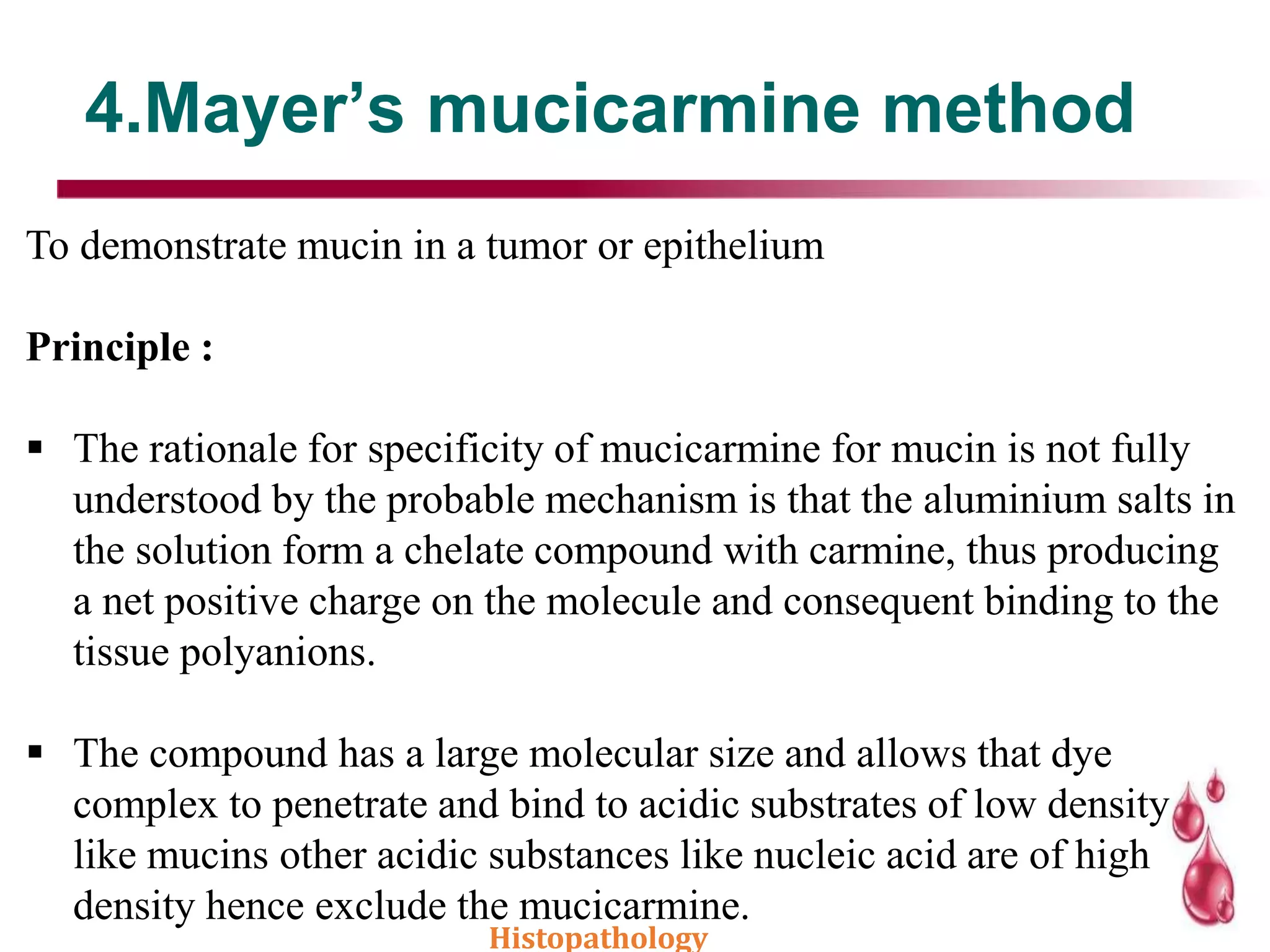4.Mayer’s mucicarmine method
To demonstrate mucin in a tumor or epithelium
Principle :
 The rationale for specificity of mucicarmine for mucin is not fully
understood by the probable mechanism is that the aluminium salts in
the solution form a chelate compound with carmine, thus producing
a net positive charge on the molecule and consequent binding to the
tissue polyanions.
 The compound has a large molecular size and allows that dye
complex to penetrate and bind to acidic substrates of low density
like mucins other acidic substances like nucleic acid are of high
density hence exclude the mucicarmine.
Histopathology
 