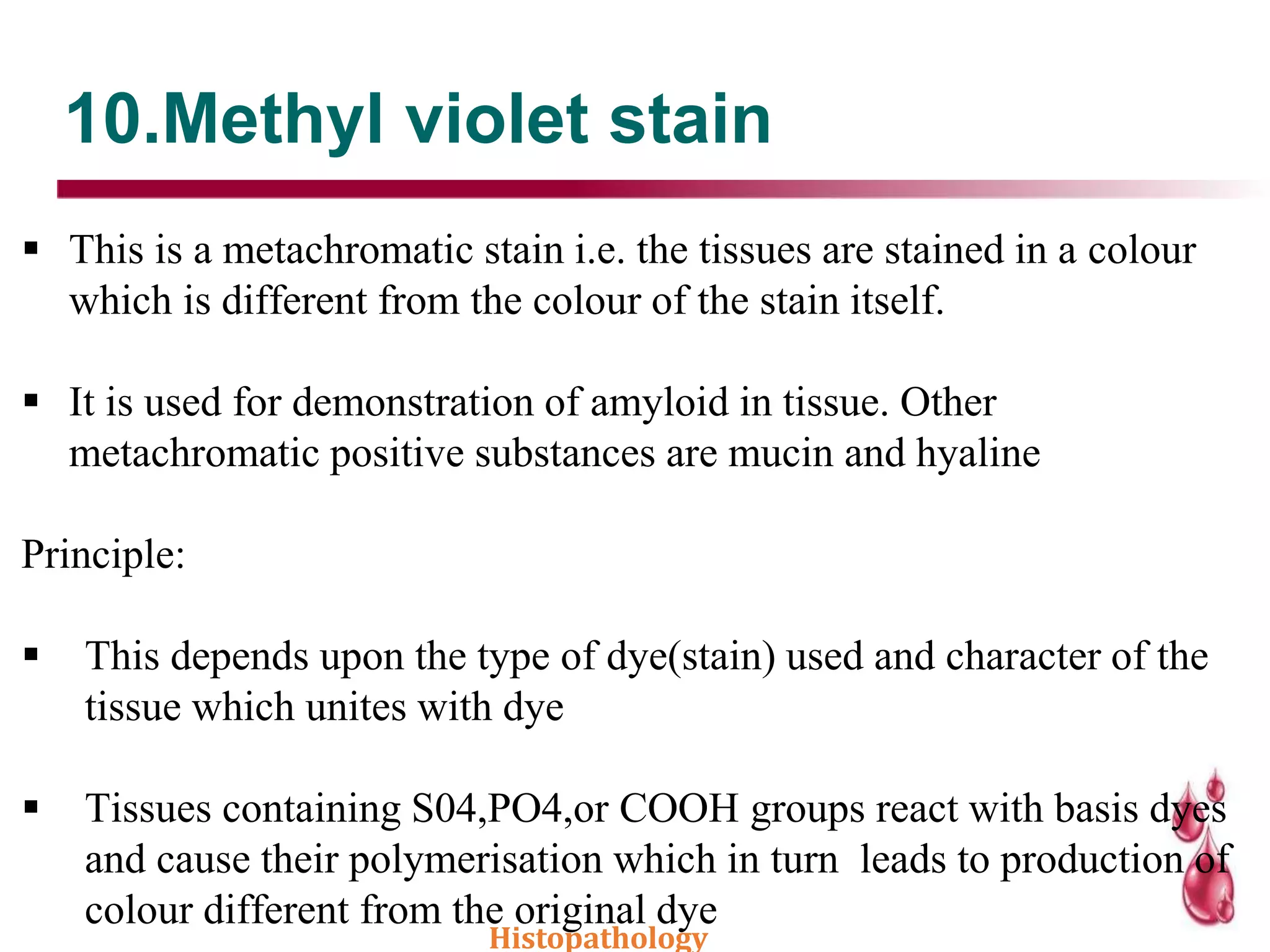 10.Methyl violet stain
 This is a metachromatic stain i.e. the tissues are stained in a colour
which is different from the colour of the stain itself.
 It is used for demonstration of amyloid in tissue. Other
metachromatic positive substances are mucin and hyaline
Principle:
 This depends upon the type of dye(stain) used and character of the
tissue which unites with dye
 Tissues containing S04,PO4,or COOH groups react with basis dyes
and cause their polymerisation which in turn leads to production of
colour different from the original dye
Histopathology
 