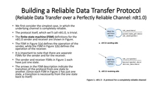 Building a Reliable Data Transfer Protocol
(Reliable Data Transfer over a Perfectly Reliable Channel: rdt1.0)
• We first consider the simplest case, in which the
underlying channel is completely reliable.
• The protocol itself, which we’ll call rdt1.0, is trivial.
• The finite-state machine (FSM) definitions for the
rdt1.0 sender and receiver are shown in Figure.
• The FSM in Figure 1(a) defines the operation of the
sender, while the FSM in Figure 1(b) defines the
operation of the receiver.
• It is important to note that there are separate
FSMs for the sender and for the receiver.
• The sender and receiver FSMs in Figure 1 each
have just one state.
• The arrows in the FSM description indicate the
transition of the protocol from one state to
another. (Since each FSM in Figure 1 has just one
state, a transition is necessarily from the one state
back to itself)
 