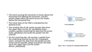 • The event causing the transition is shown above the
horizontal line labeling the transition, and the
actions taken when the event occurs are shown
below the horizontal line.
• The initial state of the FSM is indicated by the
dashed arrow.
• The sending side of rdt simply accepts data from
the upper layer via the rdt_send(data) event,
creates a packet containing the data (via the action
make_pkt(data)) and sends the packet into the
channel.
• On the receiving side, rdt receives a packet from
the underlying channel via the rdt_rcv(packet)
event, removes the data from the packet (via the
action extract (packet, data)) and passes the data
up to the upper layer (via the action
deliver_data(data)).
 