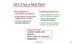Transport Layer 3-33
rdt2.0 has a fatal flaw!
what happens if
ACK/NAK corrupted?
• sender doesn’t know what
happened at receiver!
• can’t just retransmit:
possible duplicate
handling duplicates:
• sender retransmits current
pkt if ACK/NAK corrupted
• sender adds sequence
number to each pkt
• receiver discards (doesn’t
deliver up) duplicate pkt
stop and wait
sender sends one
packet,
then waits for receiver
response
 