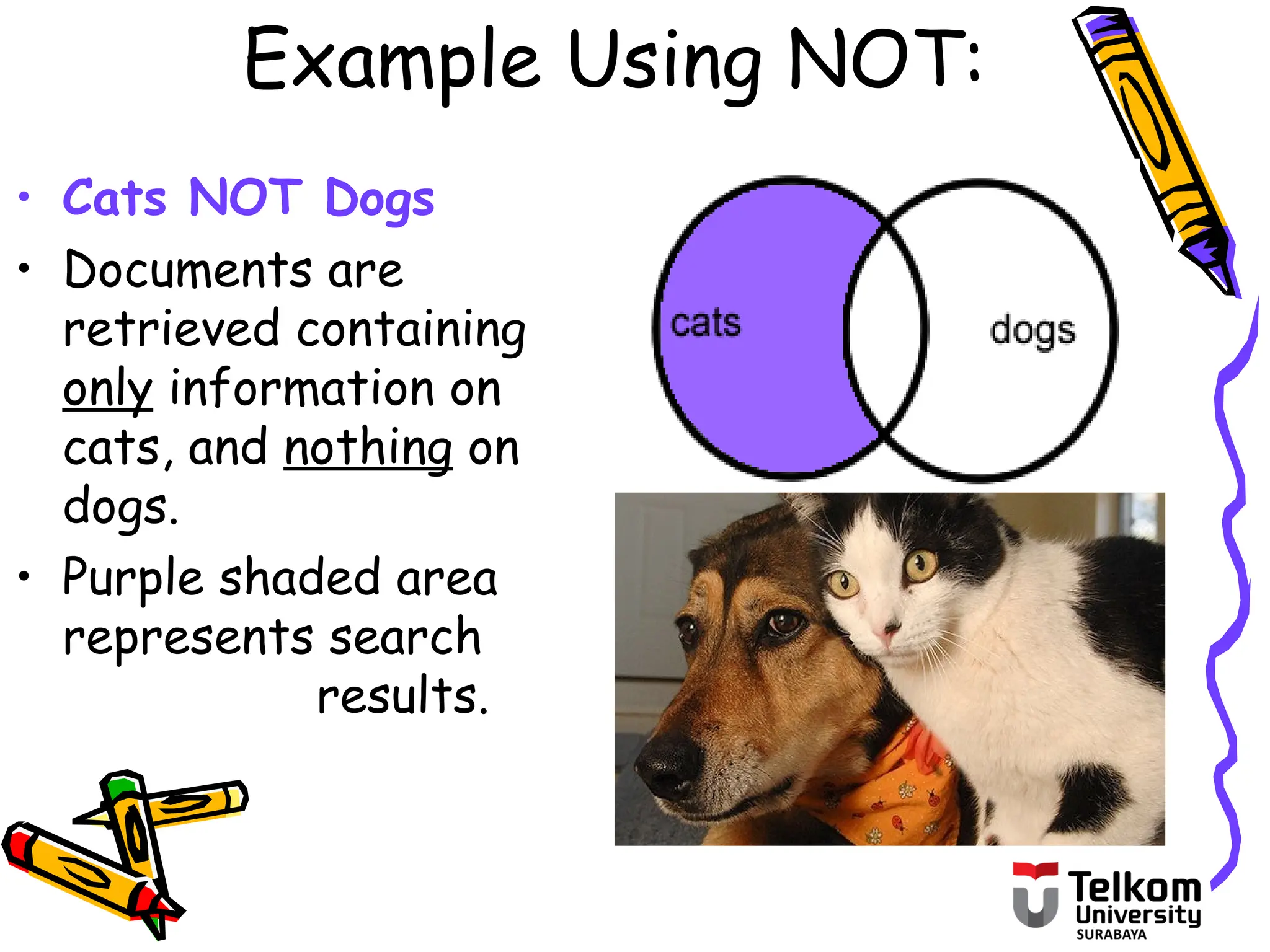 Example Using NOT:
• Cats NOT Dogs
• Documents are
retrieved containing
only information on
cats, and nothing on
dogs.
• Purple shaded area
represents search
results.
 