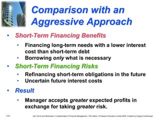8.23 Van Horne and Wachowicz, Fundamentals of Financial Management, 13th edition. © Pearson Education Limited 2009. Created by Gregory Kuhlemeyer.
• Short-Term Financing Benefits
• Financing long-term needs with a lower interest
cost than short-term debt
• Borrowing only what is necessary
• Short-Term Financing Risks
• Refinancing short-term obligations in the future
• Uncertain future interest costs
• Result
• Manager accepts greater expected profits in
exchange for taking greater risk.
Comparison with an
Aggressive Approach
 